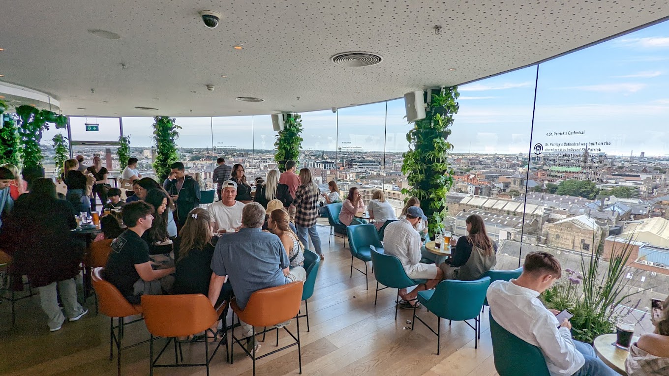 The Gravity Bar at the Guinness Storehouse — panoramic Dublin skyline through floor-to-ceiling windows